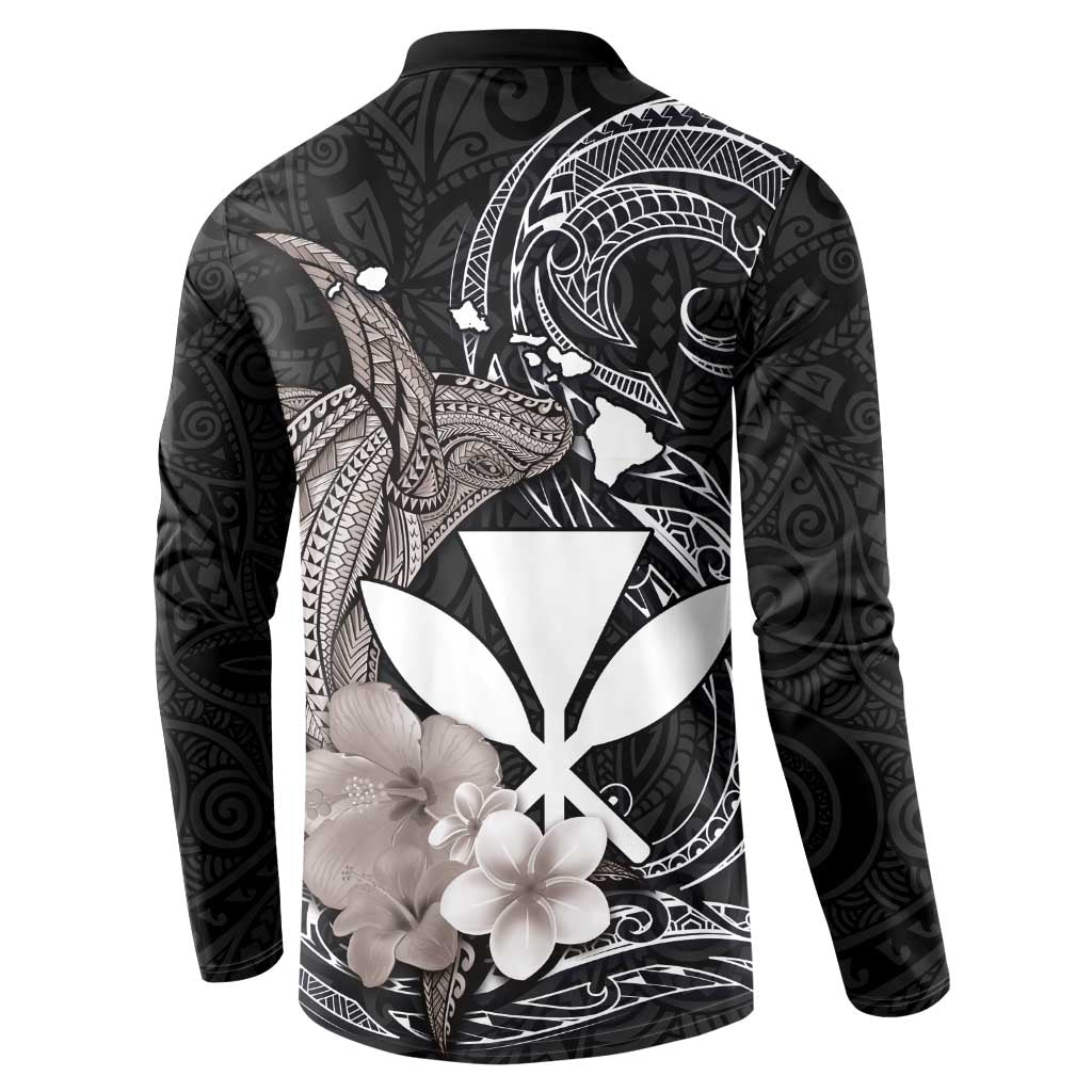 Hawaiian Whale and Kanaka Maoli Symbol Button Sweatshirt Hibiscus with Hawaii Map and Polynesian Tattoo Grayscale Color