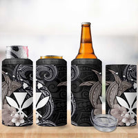 Hawaiian Whale and Kanaka Maoli Symbol 4 in 1 Can Cooler Tumbler Hibiscus with Hawaii Map and Polynesian Tattoo Grayscale Color
