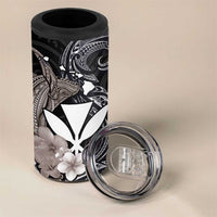 Hawaiian Whale and Kanaka Maoli Symbol 4 in 1 Can Cooler Tumbler Hibiscus with Hawaii Map and Polynesian Tattoo Grayscale Color