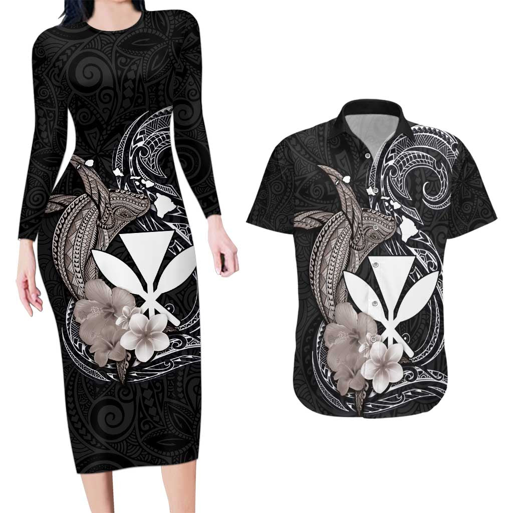 Hawaiian Whale and Kanaka Maoli Symbol Couples Matching Long Sleeve Bodycon Dress and Hawaiian Shirt Hibiscus with Hawaii Map and Polynesian Tattoo Grayscale Color