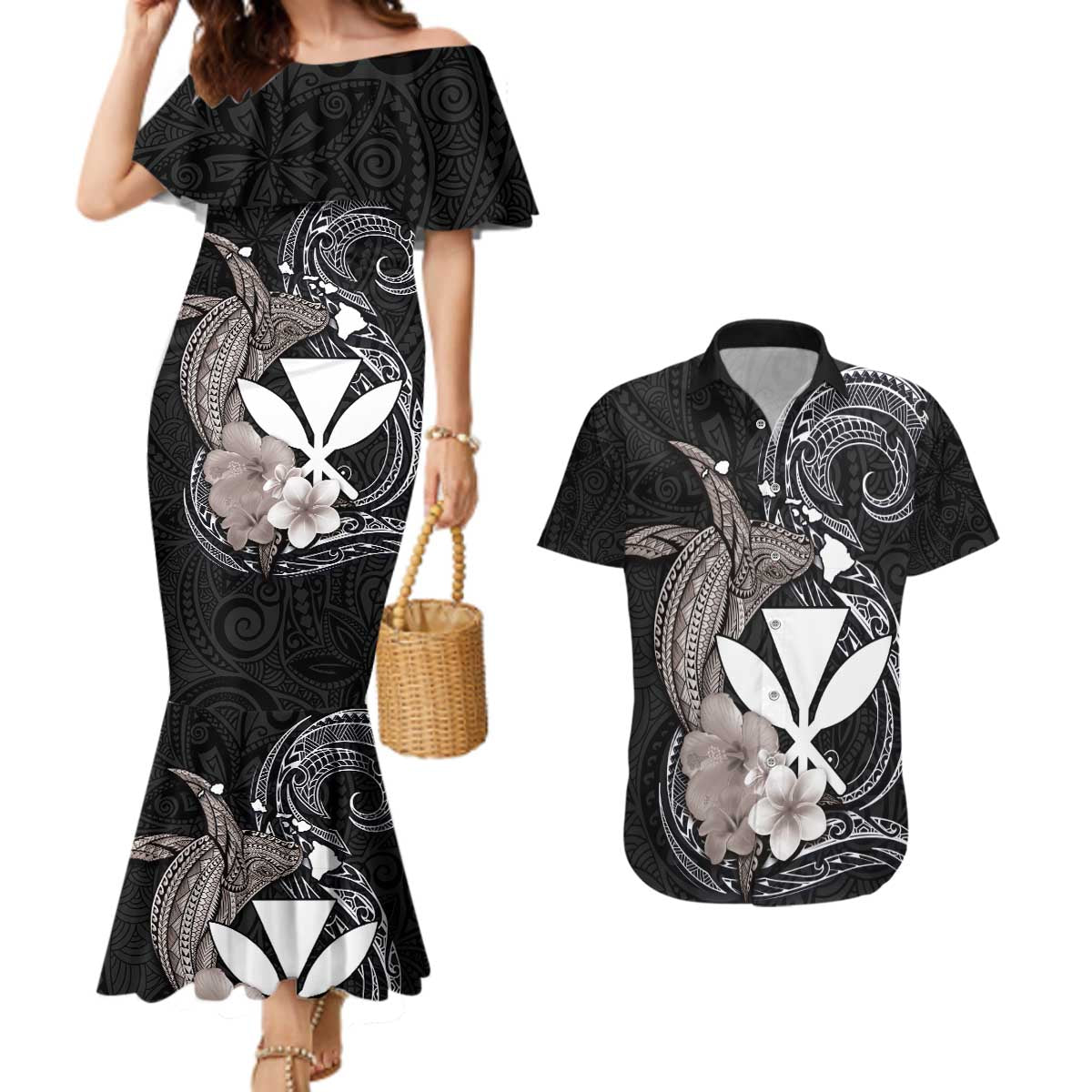 Hawaiian Whale and Kanaka Maoli Symbol Couples Matching Mermaid Dress and Hawaiian Shirt Hibiscus with Hawaii Map and Polynesian Tattoo Grayscale Color