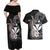 Hawaiian Whale and Kanaka Maoli Symbol Couples Matching Off Shoulder Maxi Dress and Hawaiian Shirt Hibiscus with Hawaii Map and Polynesian Tattoo Grayscale Color