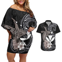Hawaiian Whale and Kanaka Maoli Symbol Couples Matching Off Shoulder Short Dress and Hawaiian Shirt Hibiscus with Hawaii Map and Polynesian Tattoo Grayscale Color