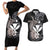 Hawaiian Whale and Kanaka Maoli Symbol Couples Matching Short Sleeve Bodycon Dress and Hawaiian Shirt Hibiscus with Hawaii Map and Polynesian Tattoo Grayscale Color