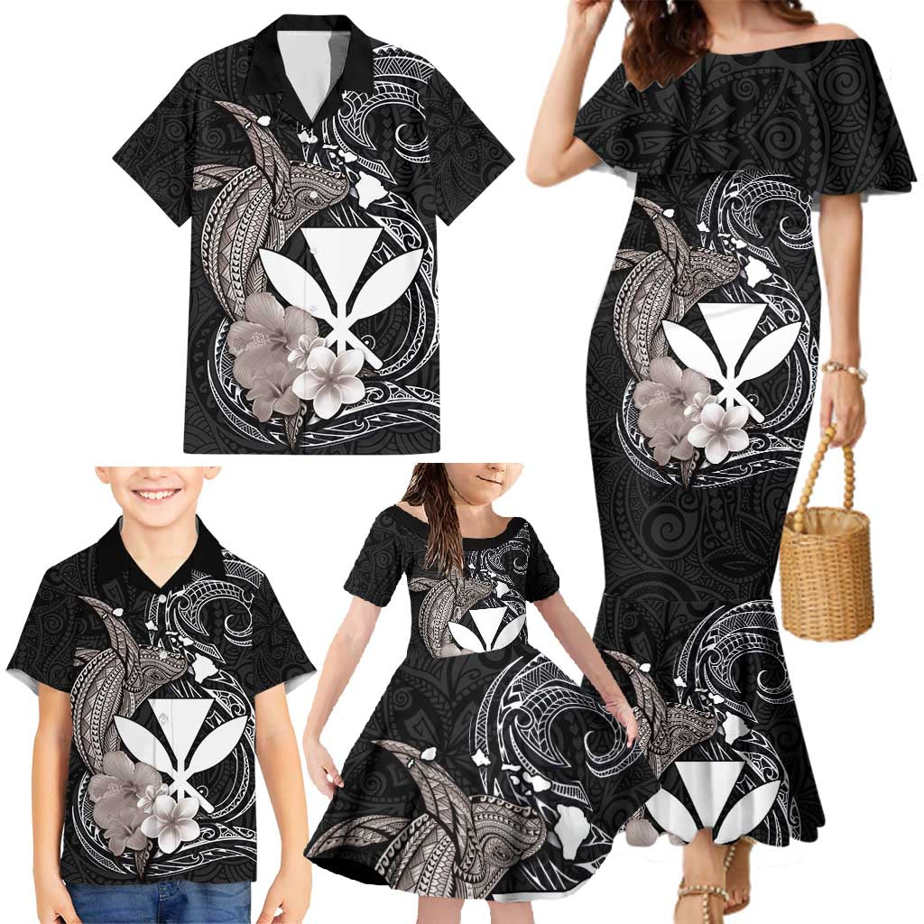 Hawaiian Whale and Kanaka Maoli Symbol Family Matching Mermaid Dress and Hawaiian Shirt Hibiscus with Hawaii Map and Polynesian Tattoo Grayscale Color