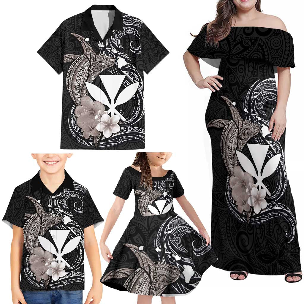 Hawaiian Whale and Kanaka Maoli Symbol Family Matching Off Shoulder Maxi Dress and Hawaiian Shirt Hibiscus with Hawaii Map and Polynesian Tattoo Grayscale Color