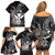 Hawaiian Whale and Kanaka Maoli Symbol Family Matching Off Shoulder Short Dress and Hawaiian Shirt Hibiscus with Hawaii Map and Polynesian Tattoo Grayscale Color