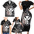 Hawaiian Whale and Kanaka Maoli Symbol Family Matching Short Sleeve Bodycon Dress and Hawaiian Shirt Hibiscus with Hawaii Map and Polynesian Tattoo Grayscale Color