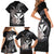 Hawaiian Whale and Kanaka Maoli Symbol Family Matching Short Sleeve Bodycon Dress and Hawaiian Shirt Hibiscus with Hawaii Map and Polynesian Tattoo Grayscale Color