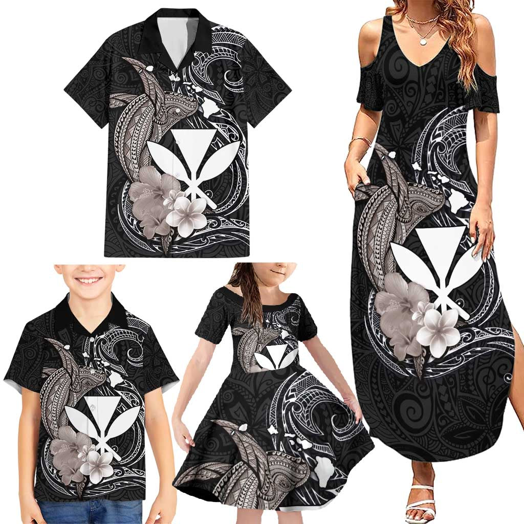 Hawaiian Whale and Kanaka Maoli Symbol Family Matching Summer Maxi Dress and Hawaiian Shirt Hibiscus with Hawaii Map and Polynesian Tattoo Grayscale Color