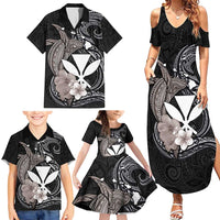 Hawaiian Whale and Kanaka Maoli Symbol Family Matching Summer Maxi Dress and Hawaiian Shirt Hibiscus with Hawaii Map and Polynesian Tattoo Grayscale Color