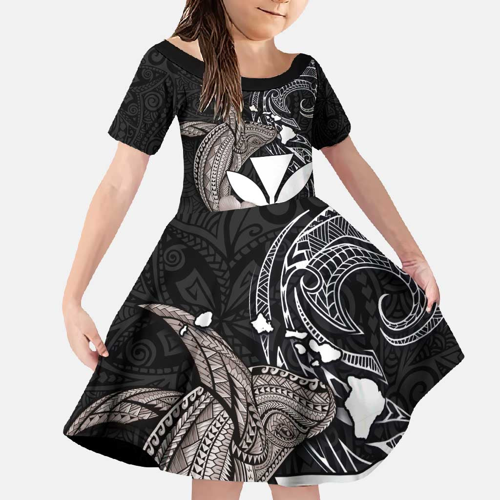 Hawaiian Whale and Kanaka Maoli Symbol Family Matching Tank Maxi Dress and Hawaiian Shirt Hibiscus with Hawaii Map and Polynesian Tattoo Grayscale Color