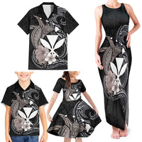 Hawaiian Whale and Kanaka Maoli Symbol Family Matching Tank Maxi Dress and Hawaiian Shirt Hibiscus with Hawaii Map and Polynesian Tattoo Grayscale Color