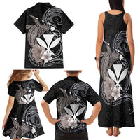Hawaiian Whale and Kanaka Maoli Symbol Family Matching Tank Maxi Dress and Hawaiian Shirt Hibiscus with Hawaii Map and Polynesian Tattoo Grayscale Color