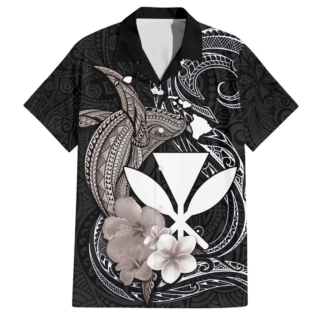 Hawaiian Whale and Kanaka Maoli Symbol Hawaiian Shirt Hibiscus with Hawaii Map and Polynesian Tattoo Grayscale Color