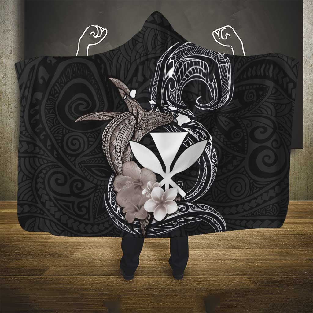 Hawaiian Whale and Kanaka Maoli Symbol Hooded Blanket Hibiscus with Hawaii Map and Polynesian Tattoo Grayscale Color