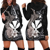 Hawaiian Whale and Kanaka Maoli Symbol Hoodie Dress Hibiscus with Hawaii Map and Polynesian Tattoo Grayscale Color