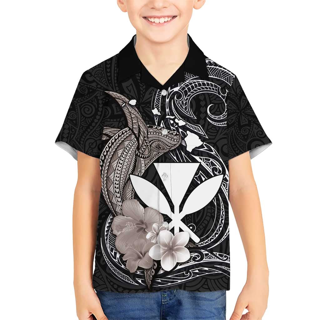 Hawaiian Whale and Kanaka Maoli Symbol Kid Hawaiian Shirt Hibiscus with Hawaii Map and Polynesian Tattoo Grayscale Color