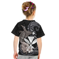 Hawaiian Whale and Kanaka Maoli Symbol Kid T Shirt Hibiscus with Hawaii Map and Polynesian Tattoo Grayscale Color