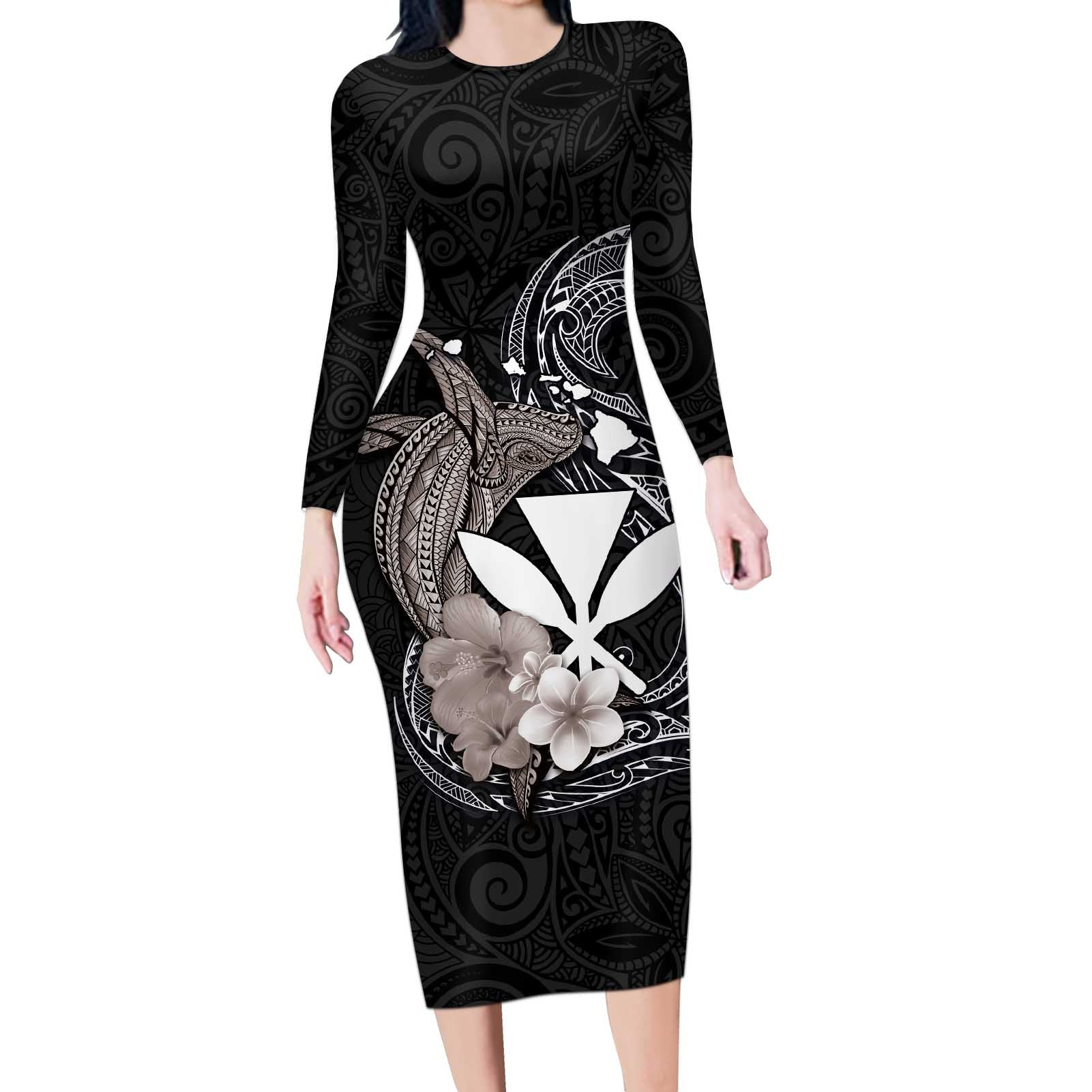 Hawaiian Whale and Kanaka Maoli Symbol Long Sleeve Bodycon Dress Hibiscus with Hawaii Map and Polynesian Tattoo Grayscale Color