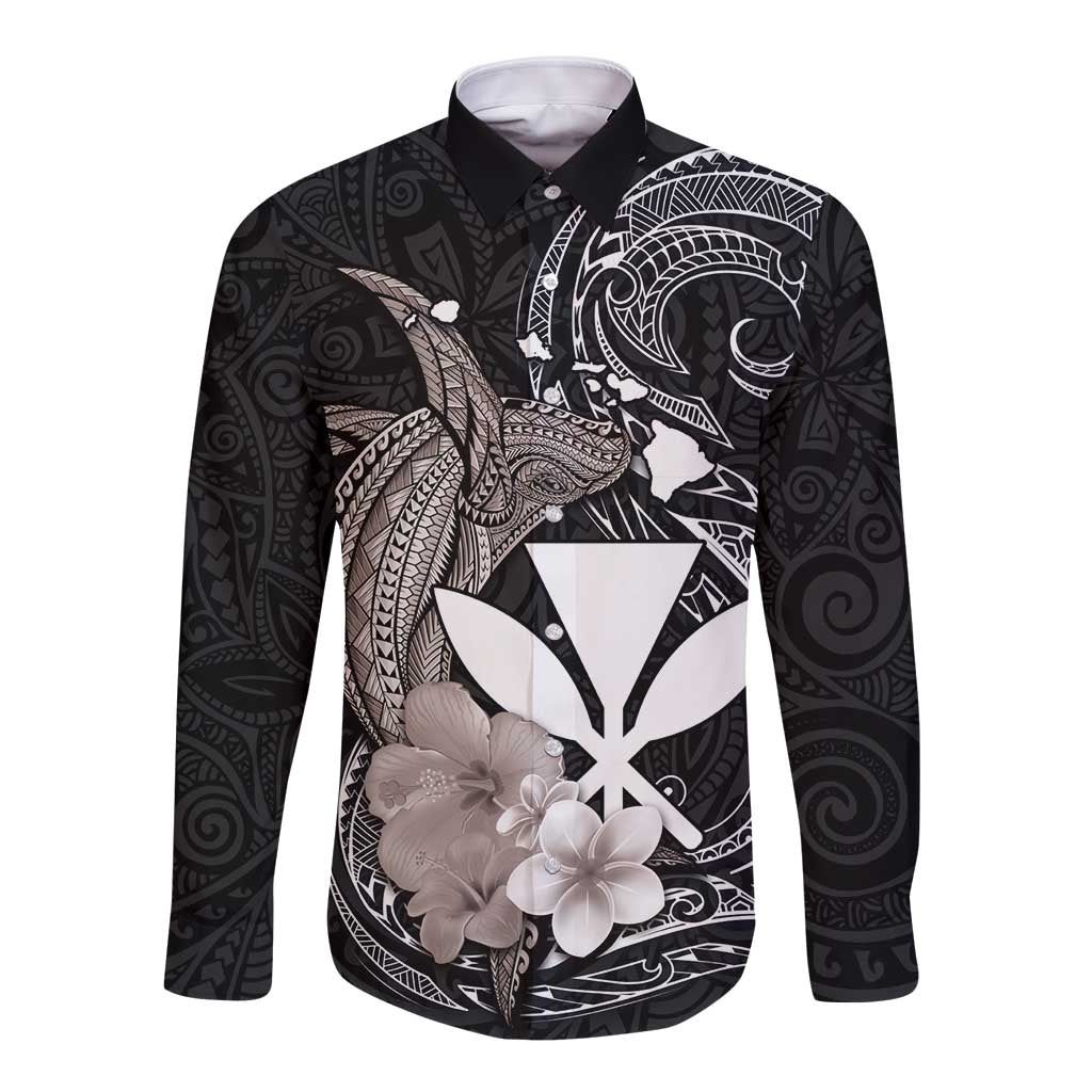 Hawaiian Whale and Kanaka Maoli Symbol Long Sleeve Button Shirt Hibiscus with Hawaii Map and Polynesian Tattoo Grayscale Color