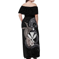 Hawaiian Whale and Kanaka Maoli Symbol Off Shoulder Maxi Dress Hibiscus with Hawaii Map and Polynesian Tattoo Grayscale Color