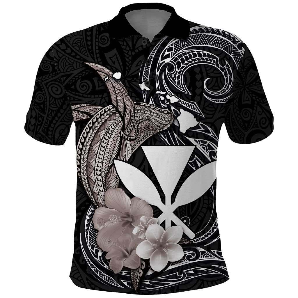 Hawaiian Whale and Kanaka Maoli Symbol Polo Shirt Hibiscus with Hawaii Map and Polynesian Tattoo Grayscale Color