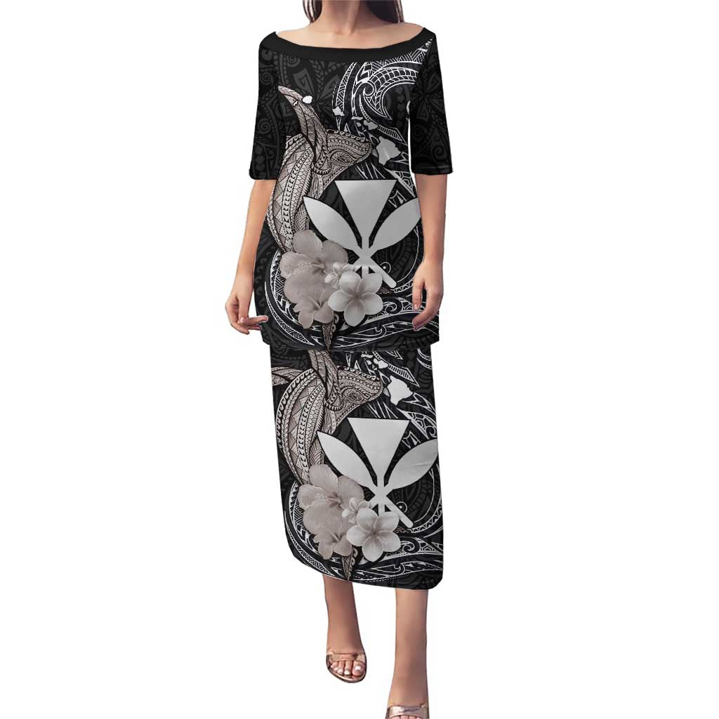 Hawaiian Whale and Kanaka Maoli Symbol Puletasi Hibiscus with Hawaii Map and Polynesian Tattoo Grayscale Color