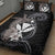 Hawaiian Whale and Kanaka Maoli Symbol Quilt Bed Set Hibiscus with Hawaii Map and Polynesian Tattoo Grayscale Color