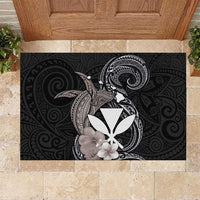 Hawaiian Whale and Kanaka Maoli Symbol Rubber Doormat Hibiscus with Hawaii Map and Polynesian Tattoo Grayscale Color