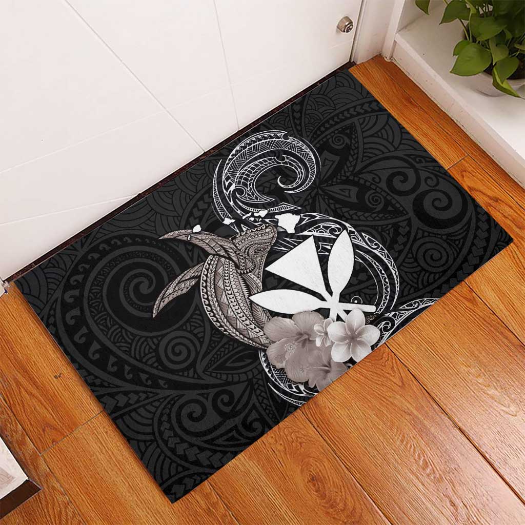 Hawaiian Whale and Kanaka Maoli Symbol Rubber Doormat Hibiscus with Hawaii Map and Polynesian Tattoo Grayscale Color