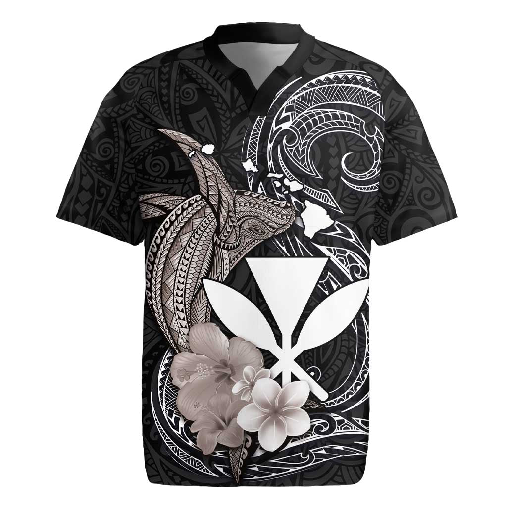 Hawaiian Whale and Kanaka Maoli Symbol Rugby Jersey Hibiscus with Hawaii Map and Polynesian Tattoo Grayscale Color