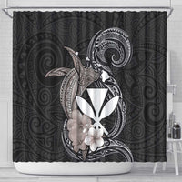 Hawaiian Whale and Kanaka Maoli Symbol Shower Curtain Hibiscus with Hawaii Map and Polynesian Tattoo Grayscale Color
