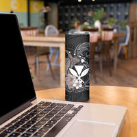 Hawaiian Whale and Kanaka Maoli Symbol Skinny Tumbler Hibiscus with Hawaii Map and Polynesian Tattoo Grayscale Color