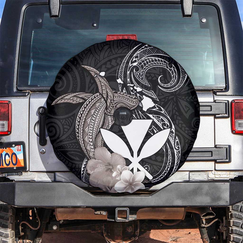 Hawaiian Whale and Kanaka Maoli Symbol Spare Tire Cover Hibiscus with Hawaii Map and Polynesian Tattoo Grayscale Color