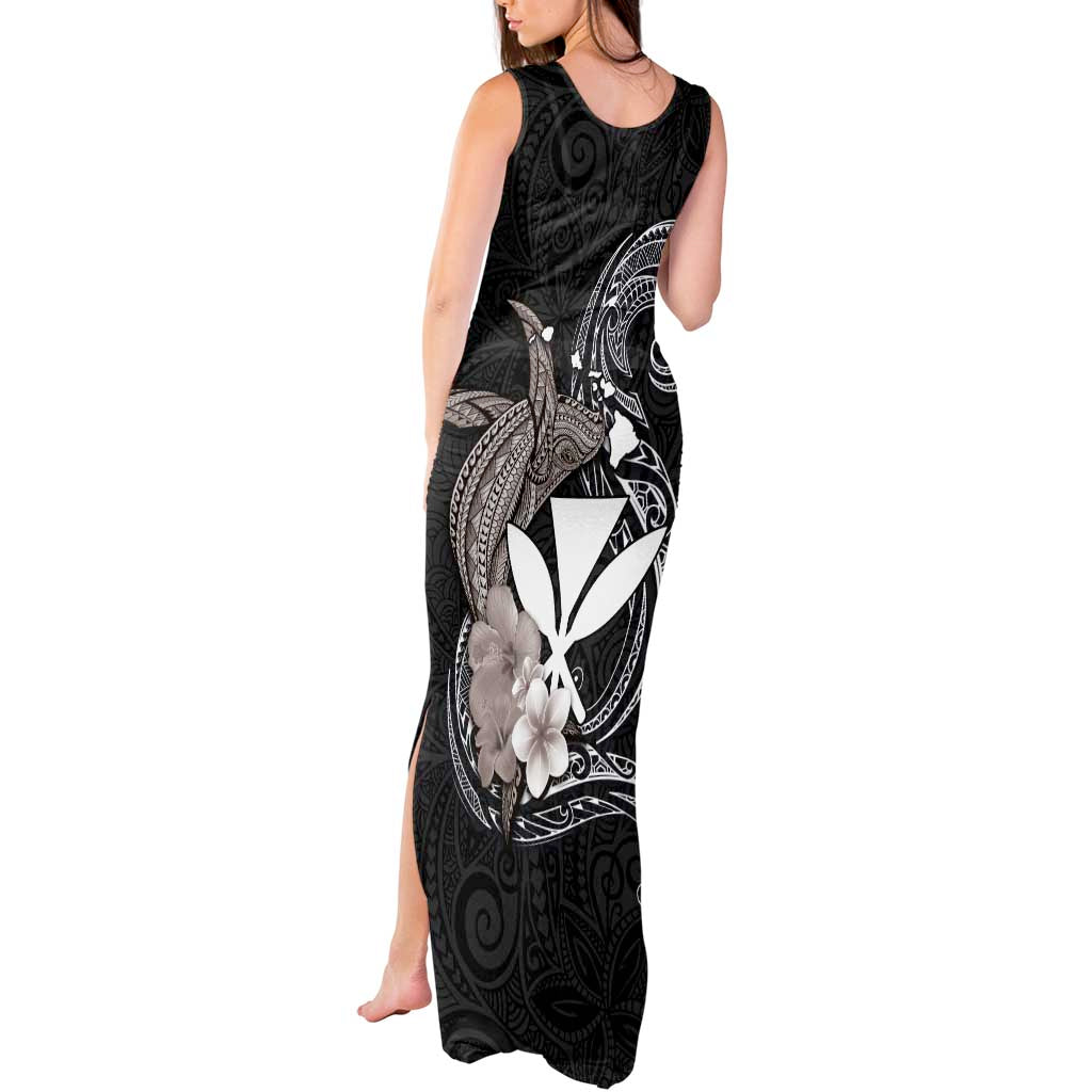 Hawaiian Whale and Kanaka Maoli Symbol Tank Maxi Dress Hibiscus with Hawaii Map and Polynesian Tattoo Grayscale Color