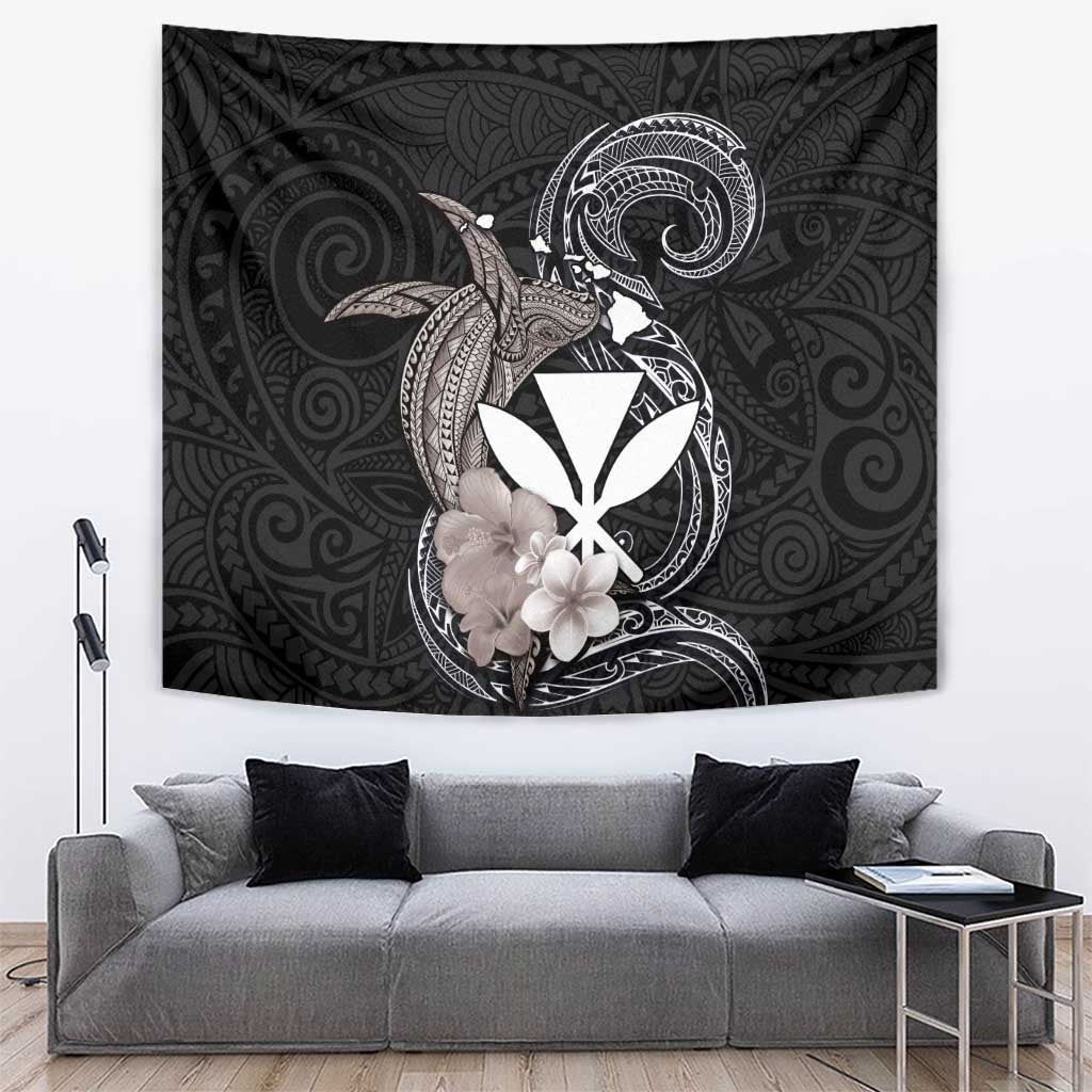 Hawaiian Whale and Kanaka Maoli Symbol Tapestry Hibiscus with Hawaii Map and Polynesian Tattoo Grayscale Color