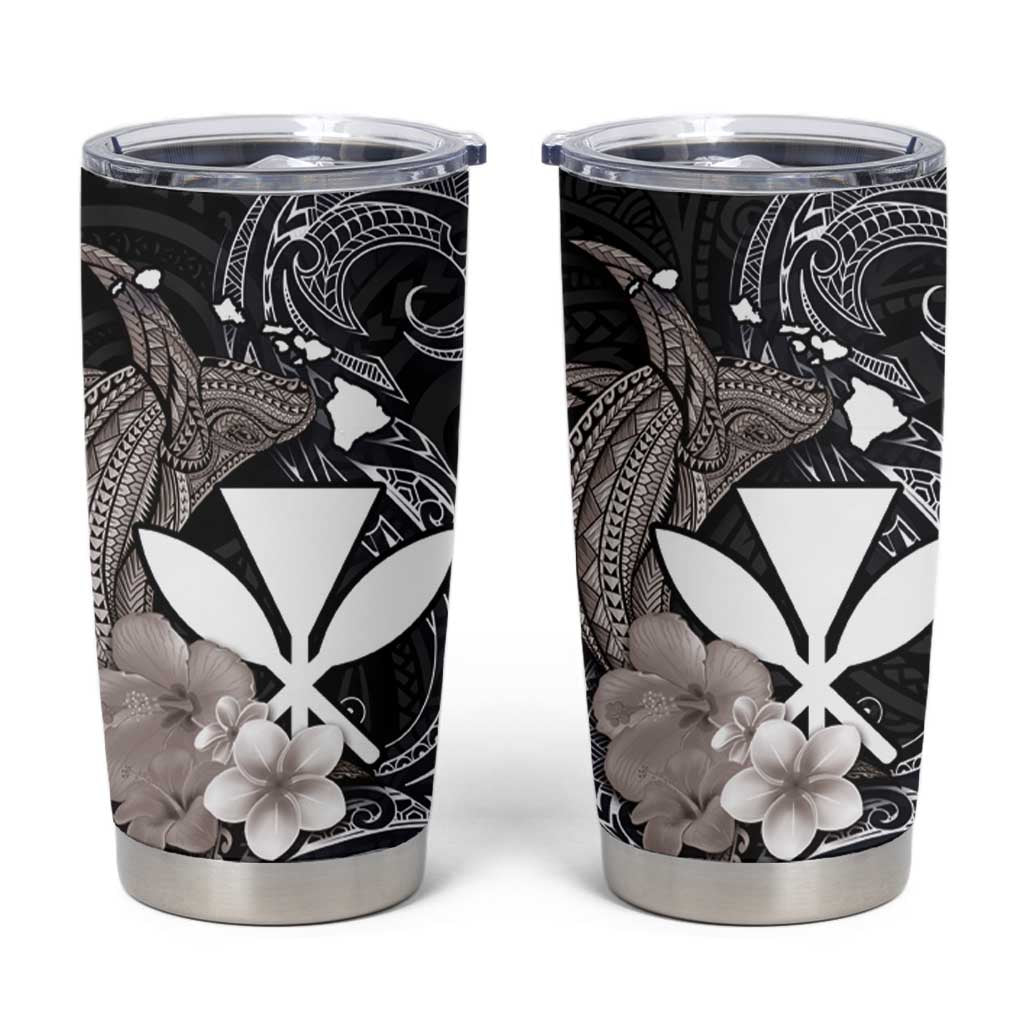 Hawaiian Whale and Kanaka Maoli Symbol Tumbler Cup Hibiscus with Hawaii Map and Polynesian Tattoo Grayscale Color