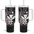 Hawaiian Whale and Kanaka Maoli Symbol Tumbler With Handle Hibiscus with Hawaii Map and Polynesian Tattoo Grayscale Color