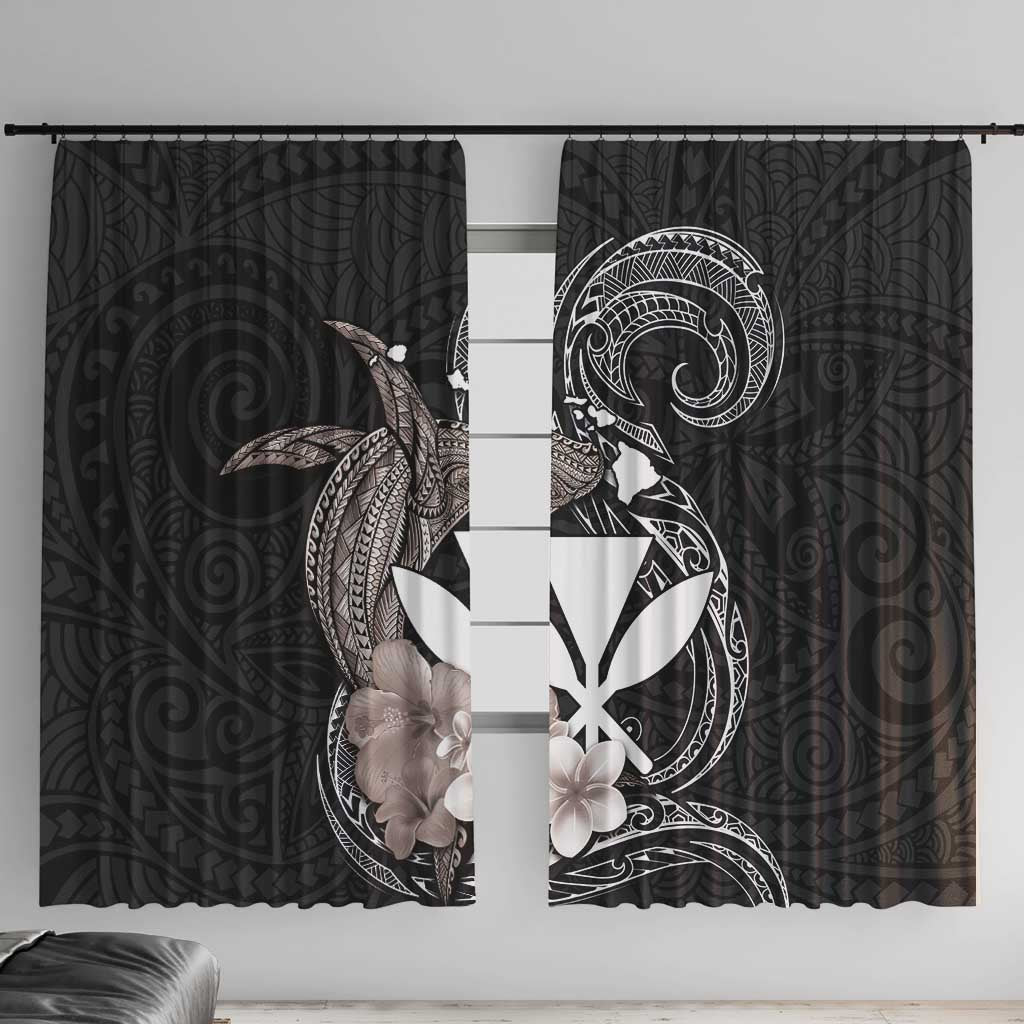 Hawaiian Whale and Kanaka Maoli Symbol Window Curtain Hibiscus with Hawaii Map and Polynesian Tattoo Grayscale Color