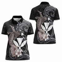 Hawaiian Whale and Kanaka Maoli Symbol Women Polo Shirt Hibiscus with Hawaii Map and Polynesian Tattoo Grayscale Color