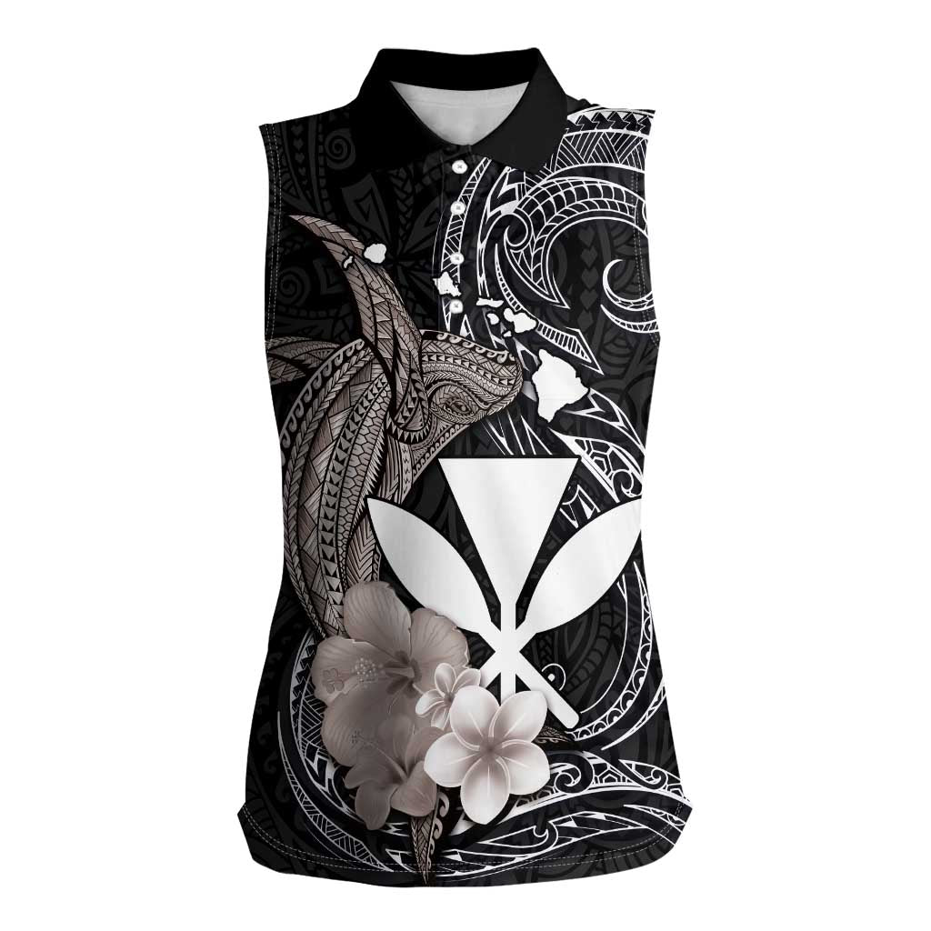 Hawaiian Whale and Kanaka Maoli Symbol Women Sleeveless Polo Shirt Hibiscus with Hawaii Map and Polynesian Tattoo Grayscale Color