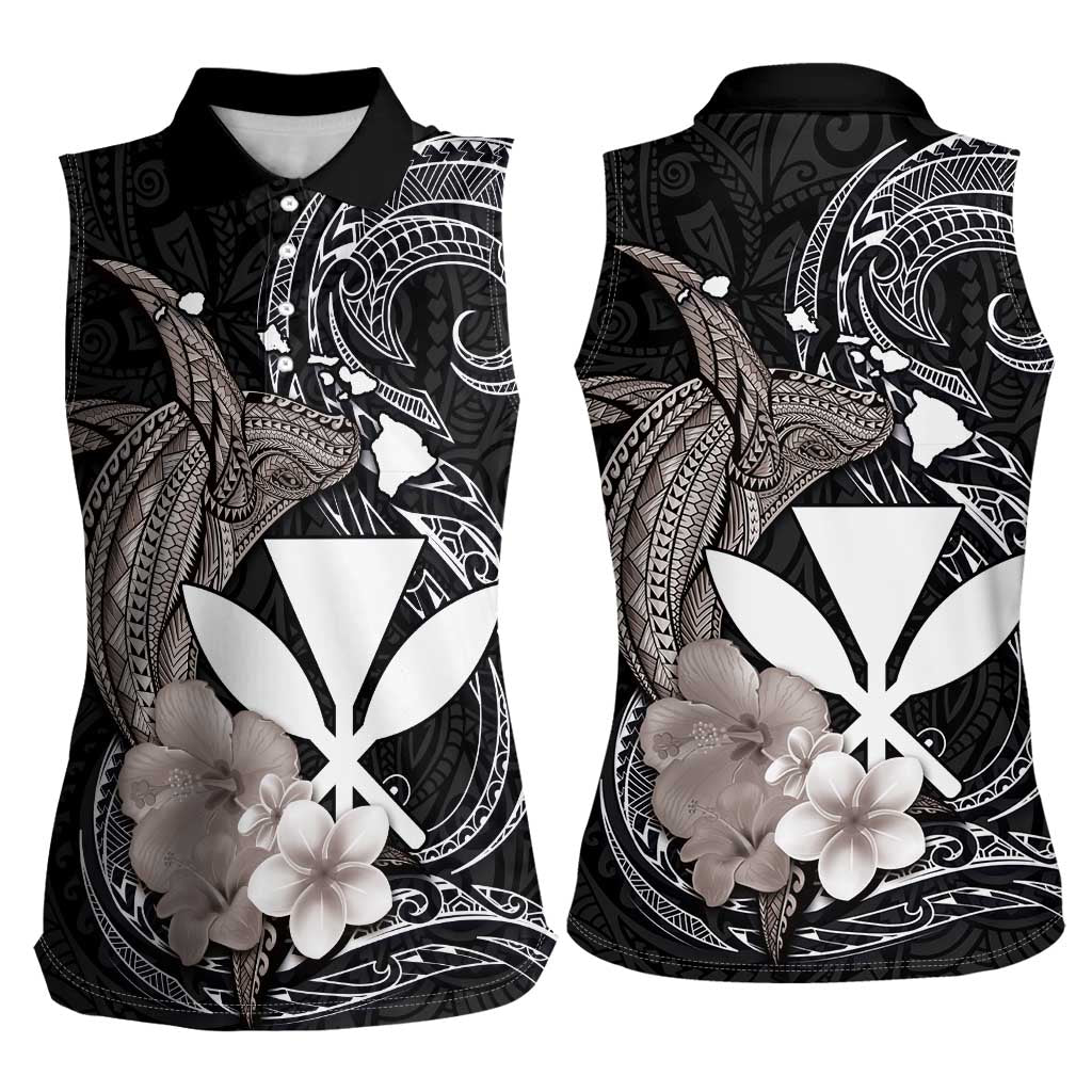 Hawaiian Whale and Kanaka Maoli Symbol Women Sleeveless Polo Shirt Hibiscus with Hawaii Map and Polynesian Tattoo Grayscale Color