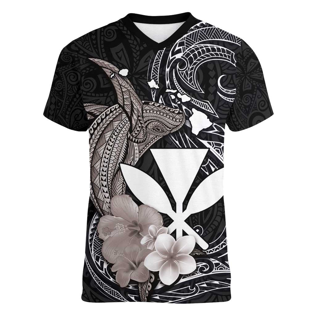 Hawaiian Whale and Kanaka Maoli Symbol Women V-Neck T-Shirt Hibiscus with Hawaii Map and Polynesian Tattoo Grayscale Color