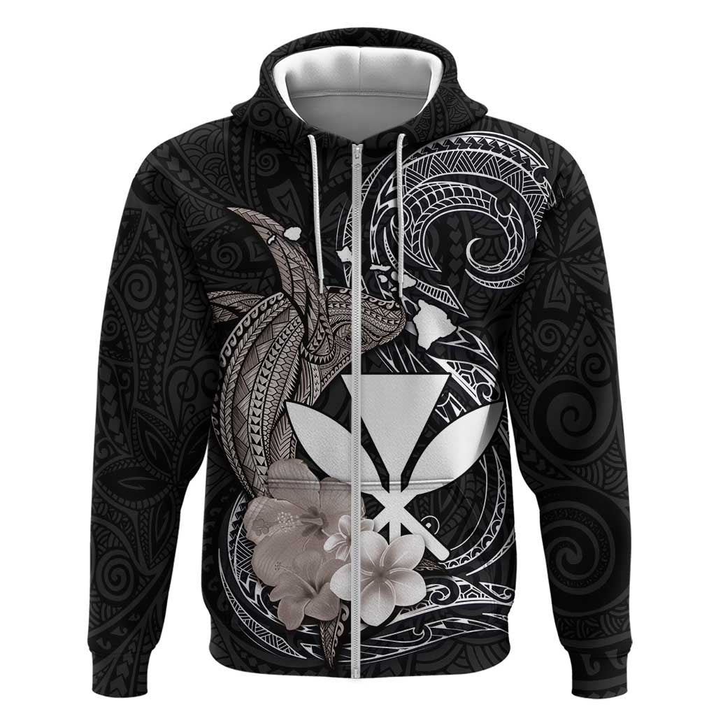 Hawaiian Whale and Kanaka Maoli Symbol Zip Hoodie Hibiscus with Hawaii Map and Polynesian Tattoo Grayscale Color