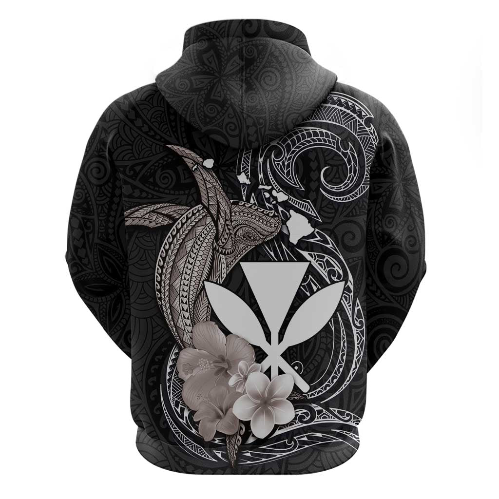 Hawaiian Whale and Kanaka Maoli Symbol Zip Hoodie Hibiscus with Hawaii Map and Polynesian Tattoo Grayscale Color