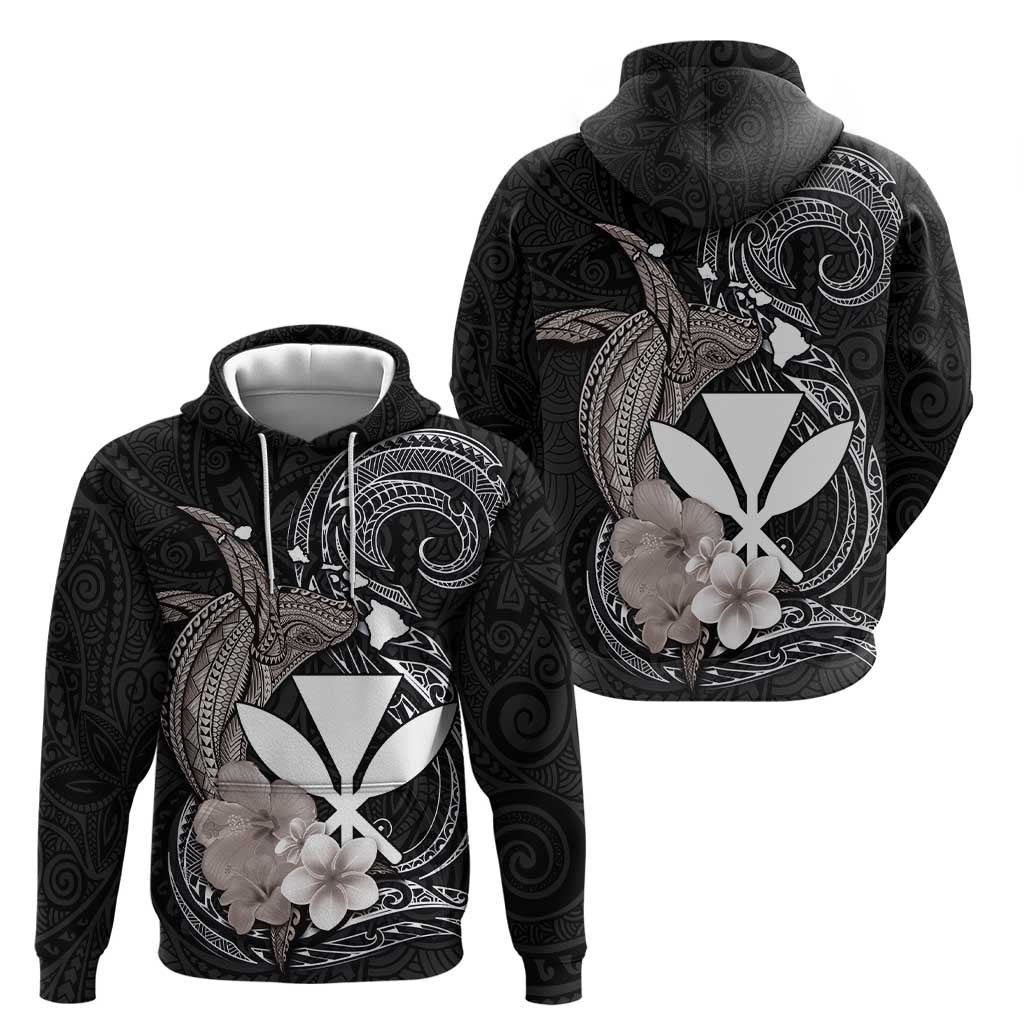 Hawaiian Whale and Kanaka Maoli Symbol Zip Hoodie Hibiscus with Hawaii Map and Polynesian Tattoo Grayscale Color