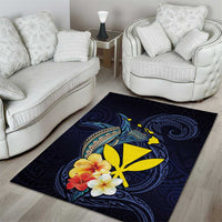 Hawaiian Whale and Kanaka Maoli Symbol Area Rug Hibiscus with Hawaii Map and Polynesian Tattoo Deep Sea Color