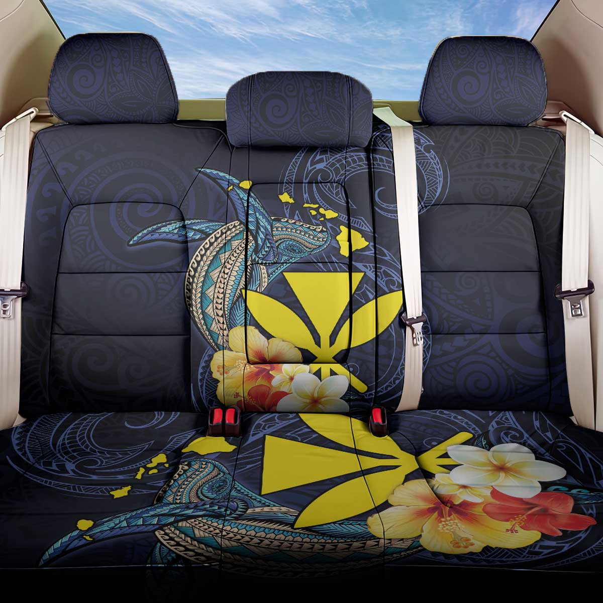 Hawaiian Whale and Kanaka Maoli Symbol Back Car Seat Cover Hibiscus with Hawaii Map and Polynesian Tattoo Deep Sea Color