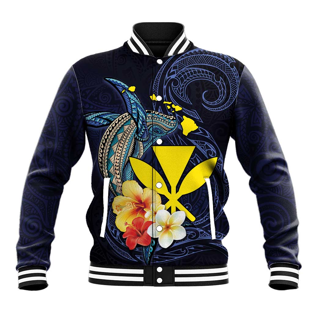 Hawaiian Whale and Kanaka Maoli Symbol Baseball Jacket Hibiscus with Hawaii Map and Polynesian Tattoo Deep Sea Color